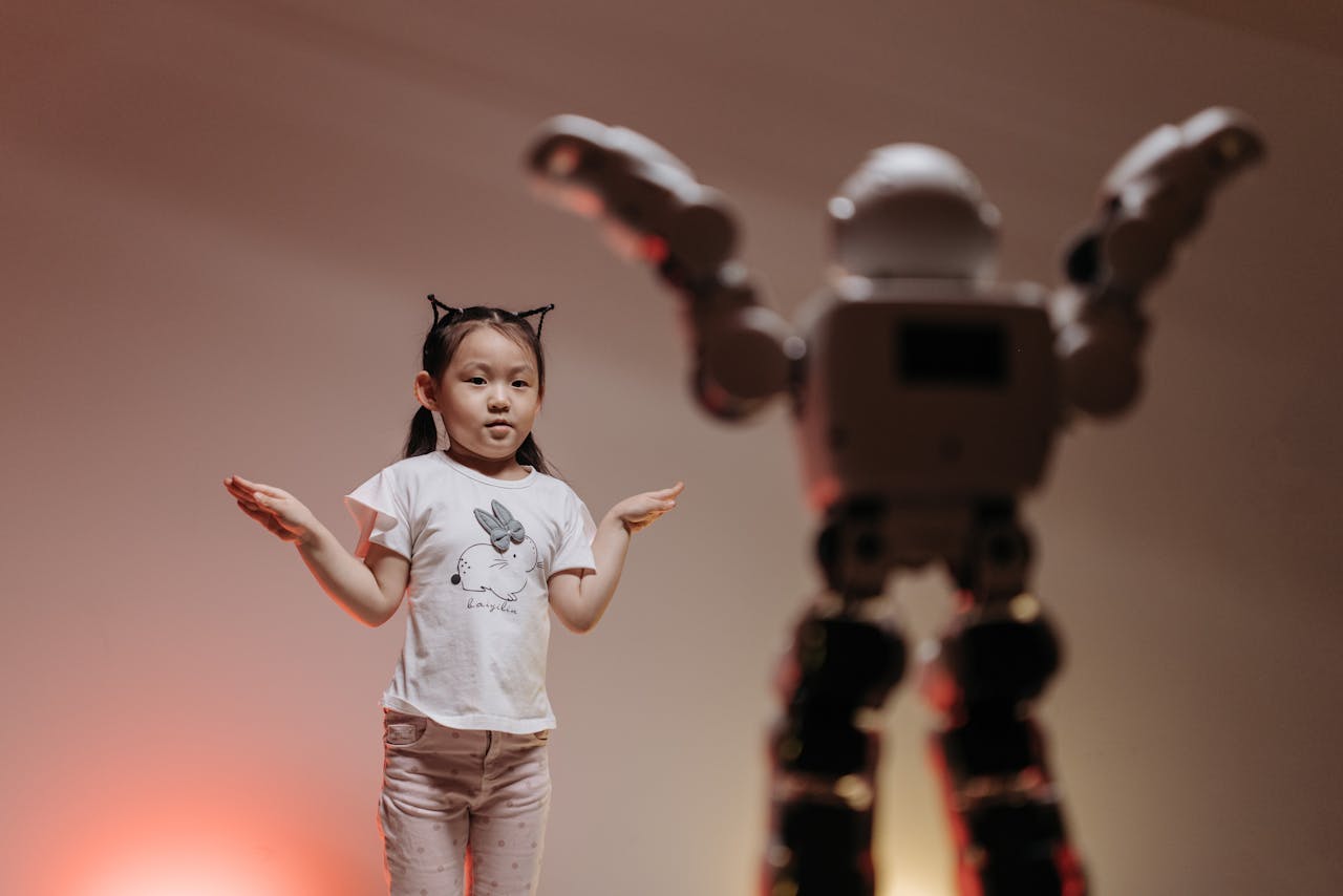 why-choose-us Child interacting with futuristic robot in a playful setting, showcasing modern technology.
